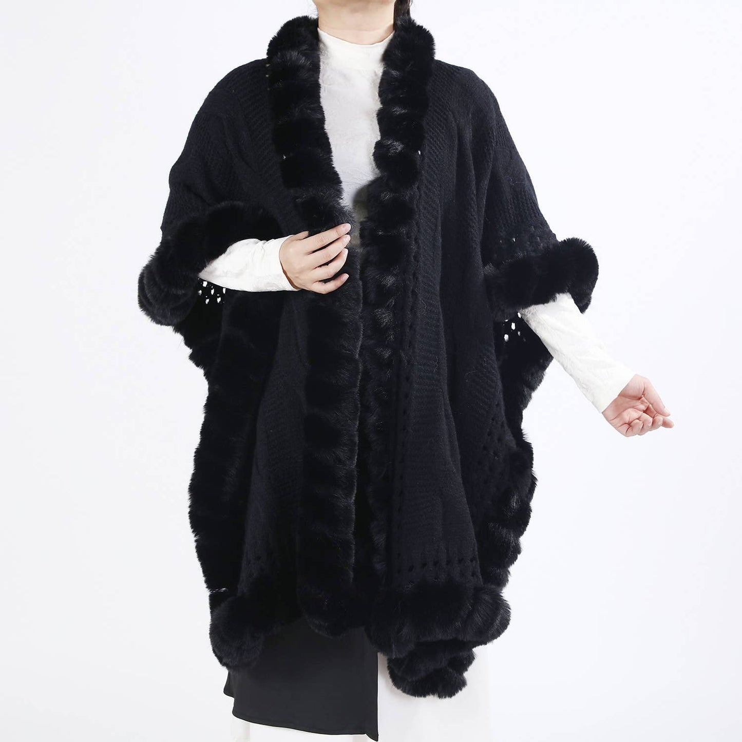 Knit Faux Fur Trim Cape