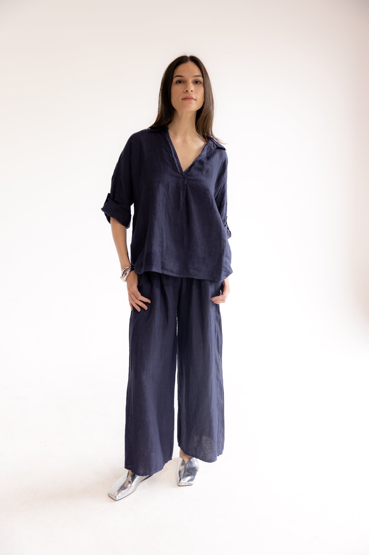 Linen Short-sleeve Tunic and Pants Set