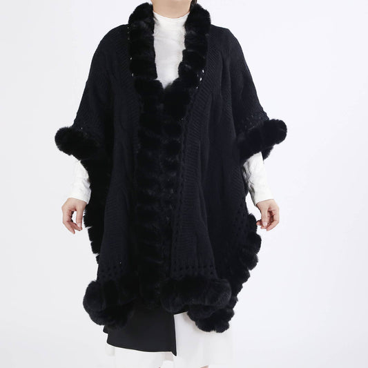 Knit Faux Fur Trim Cape