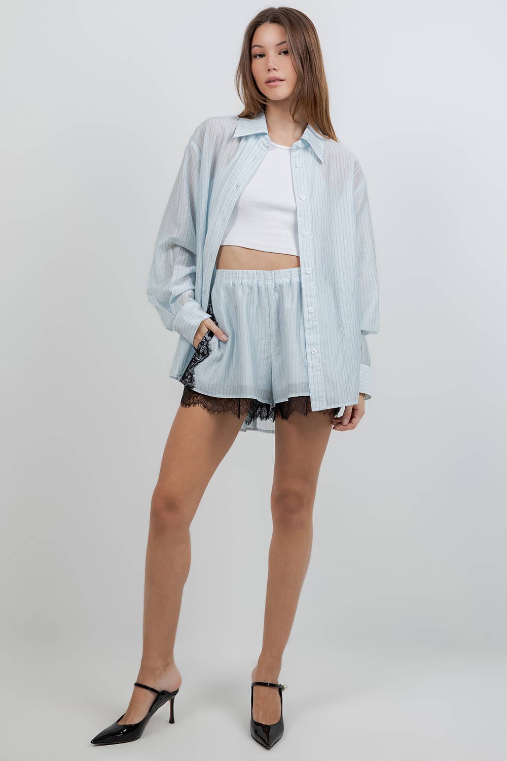 Light blue striped lace contrast short set