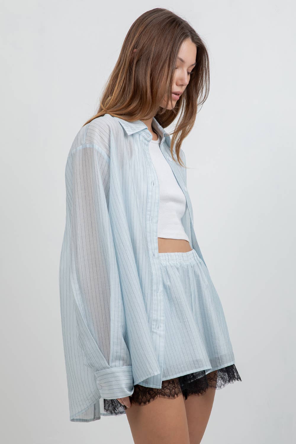Light blue striped lace contrast short set