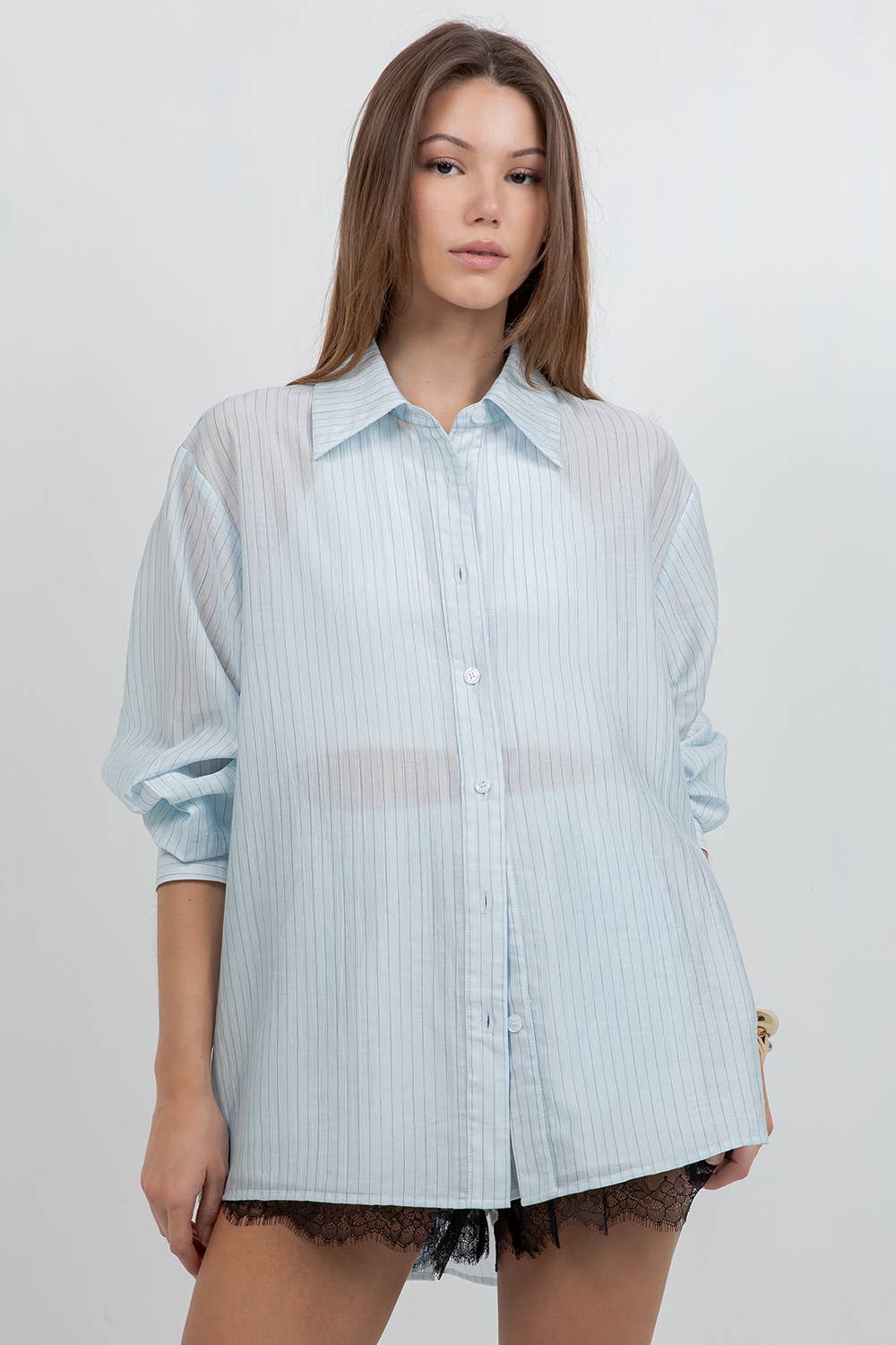 Light blue striped lace contrast short set