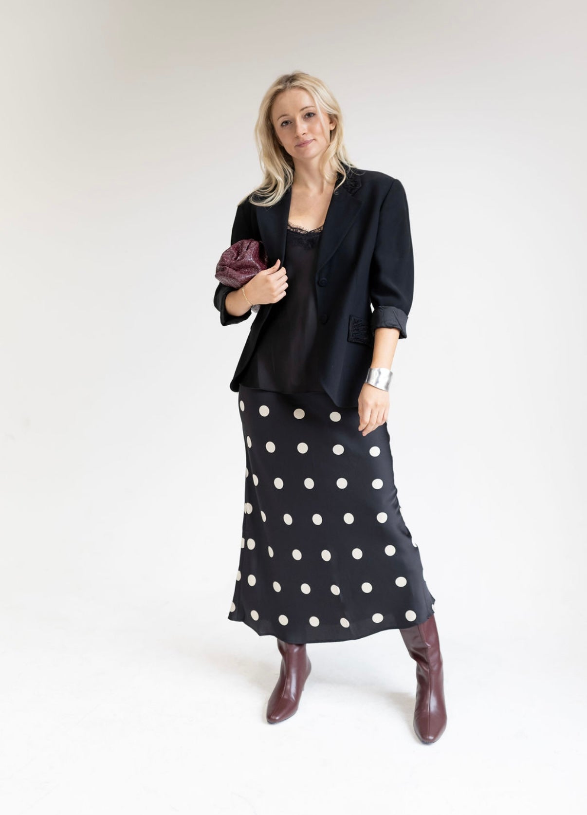 SATIN MIDI SKIRT IN POLKA DOT