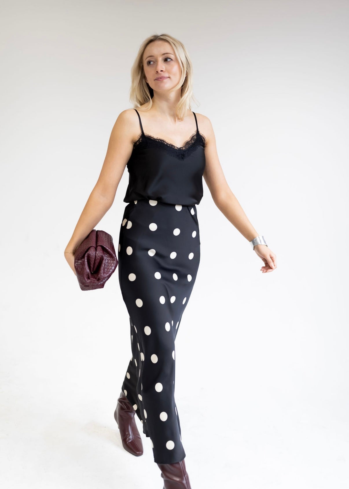 SATIN MIDI SKIRT IN POLKA DOT