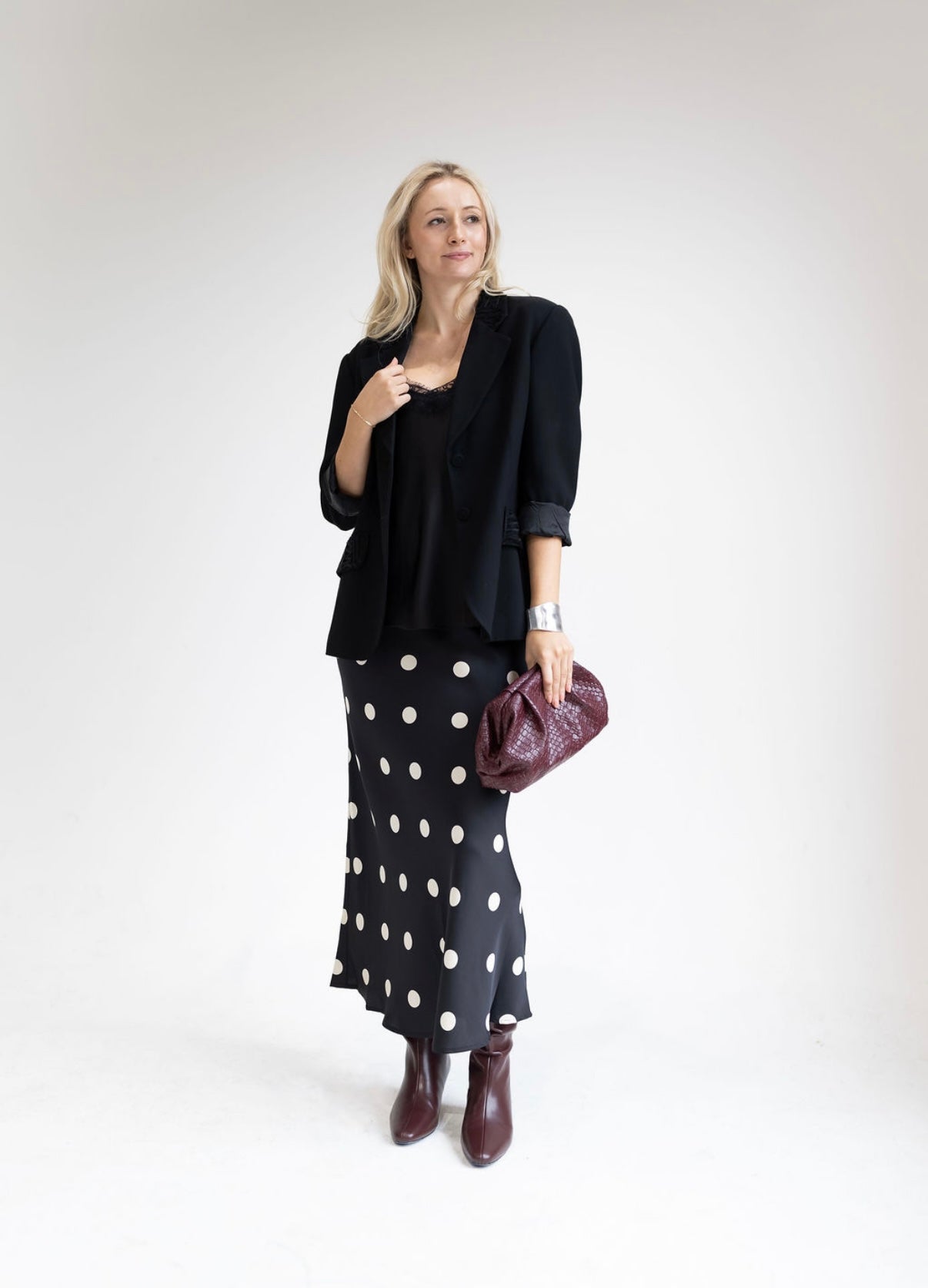 SATIN MIDI SKIRT IN POLKA DOT