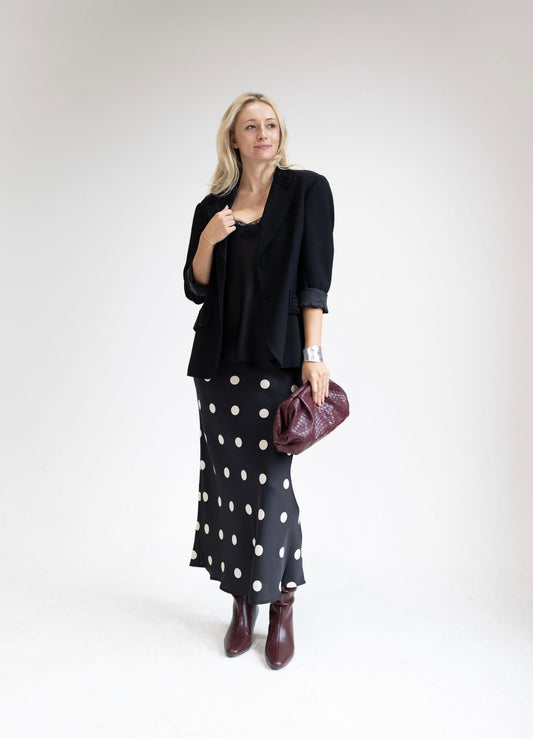 SATIN MIDI SKIRT IN POLKA DOT