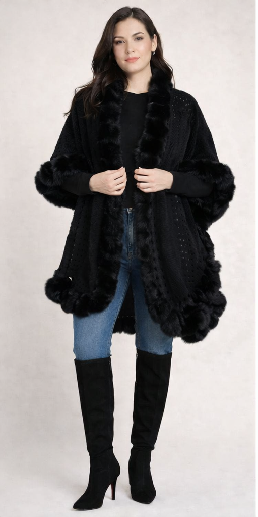 Knit Faux Fur Trim Cape