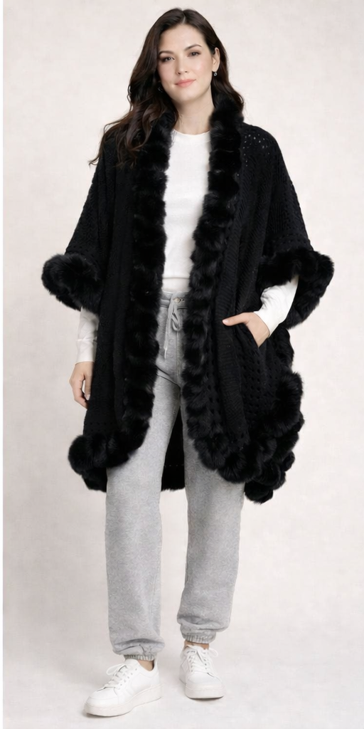 Knit Faux Fur Trim Cape