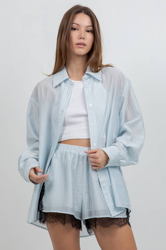 Light blue striped exposed back button down