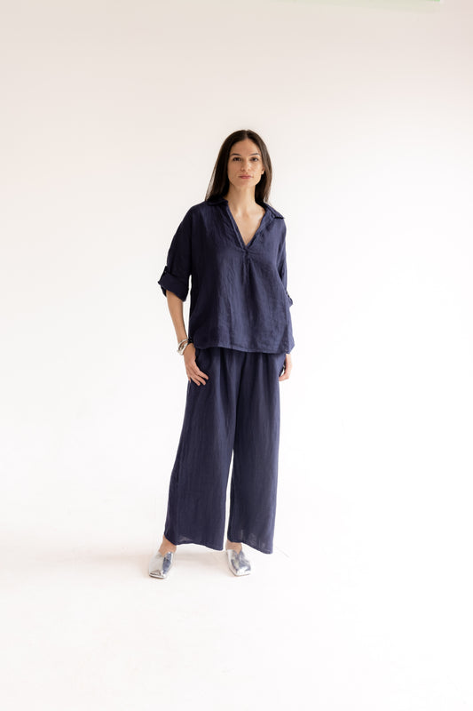 Linen Short-sleeve Tunic and Pants Set