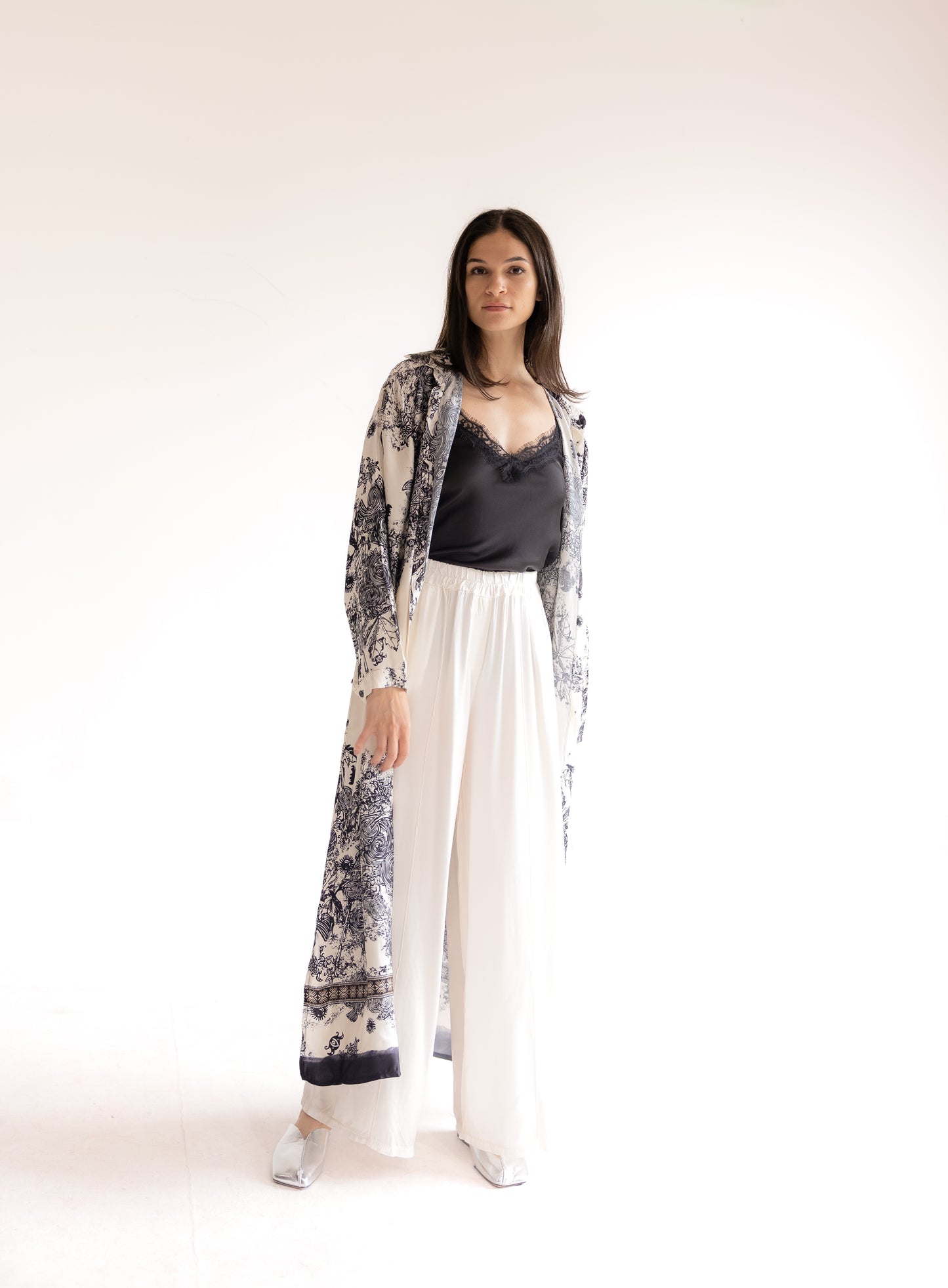 Satin Abstract Print Maxi Dress/ Duster