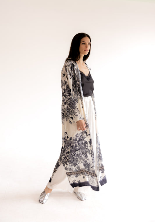 Satin Abstract Print Maxi Dress/ Duster
