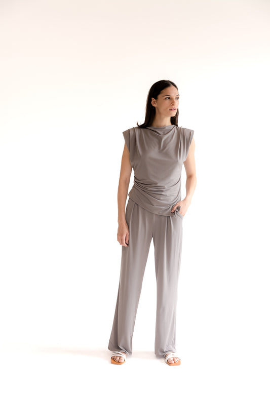 Taupe Asymmetric Top and Pants Set